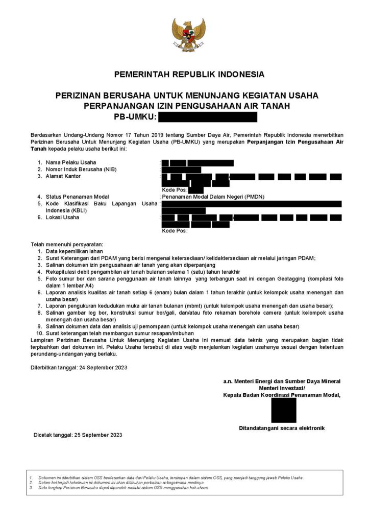 Perpanjangan izin pengusahaan air tanah PERIZINAN BERUSAHA UNTUK MENUNJANG KEGIATAN USAHA